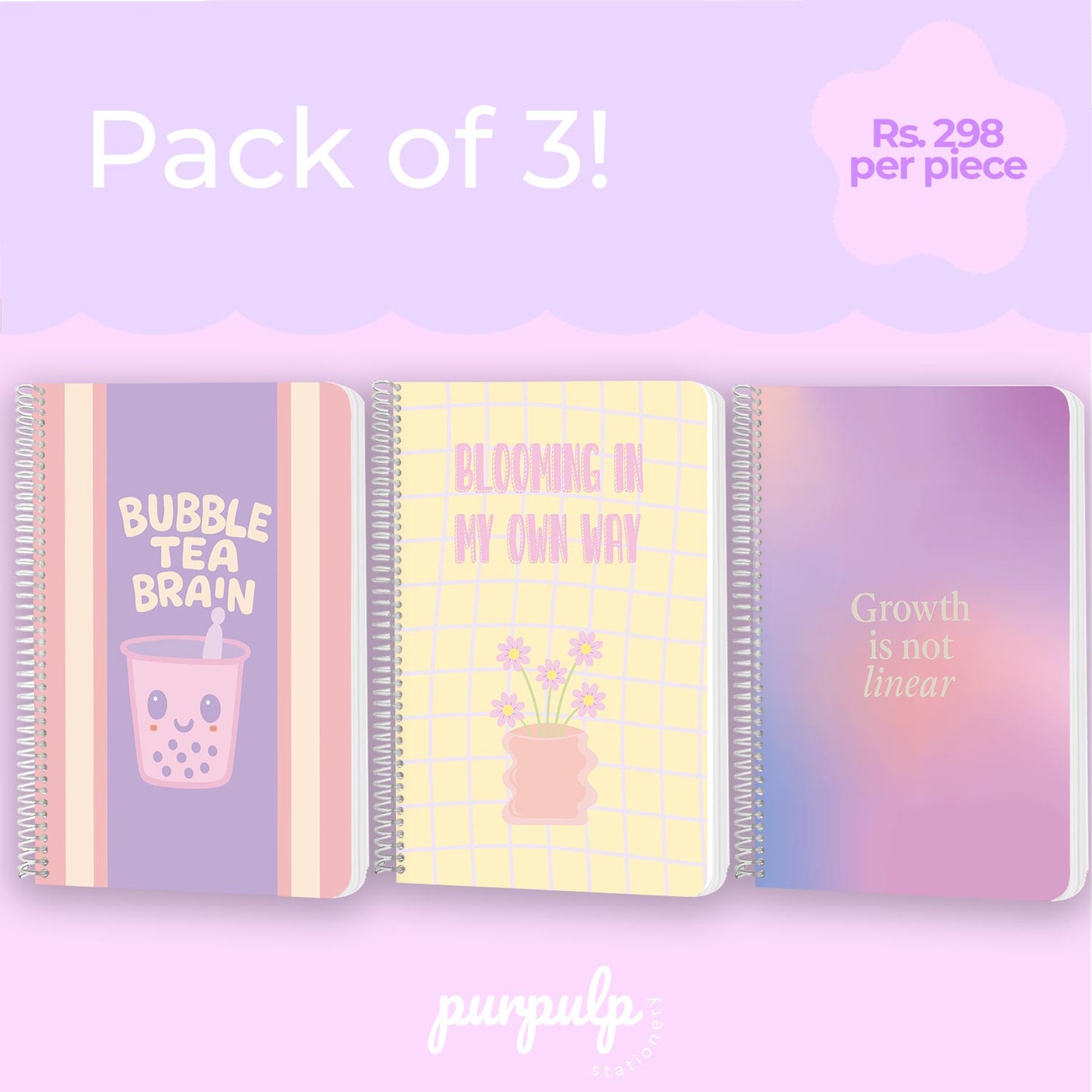 A4 spiral notebooks Bundle - "Bubble Tea Brain", "Blooming In My Own way" & "Growth is not Linear"