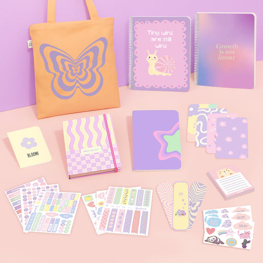 Aesthetic Girl Bundle: A4 Spiral Notebook, Undated Yearly Planner, Tote Bag, Multi-purpose A5 notebook, Sticker Book, Pocket Notebook & Notepad, Bookmarks, Polaroid Cards & Postcards,