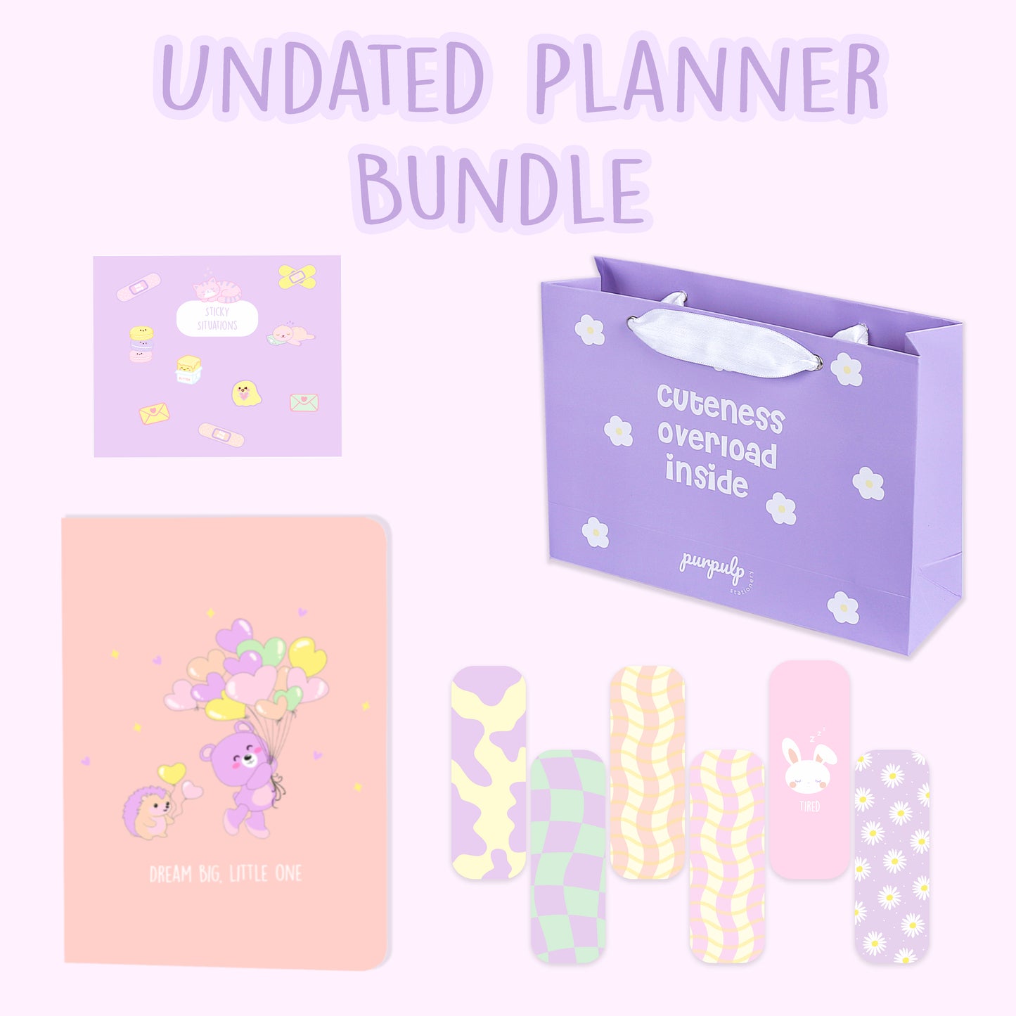 Blushing Beauties Bundle: Undated yearly planner "Dream Big, Little One", Sticker Book, Bookmarks, Gift Bag