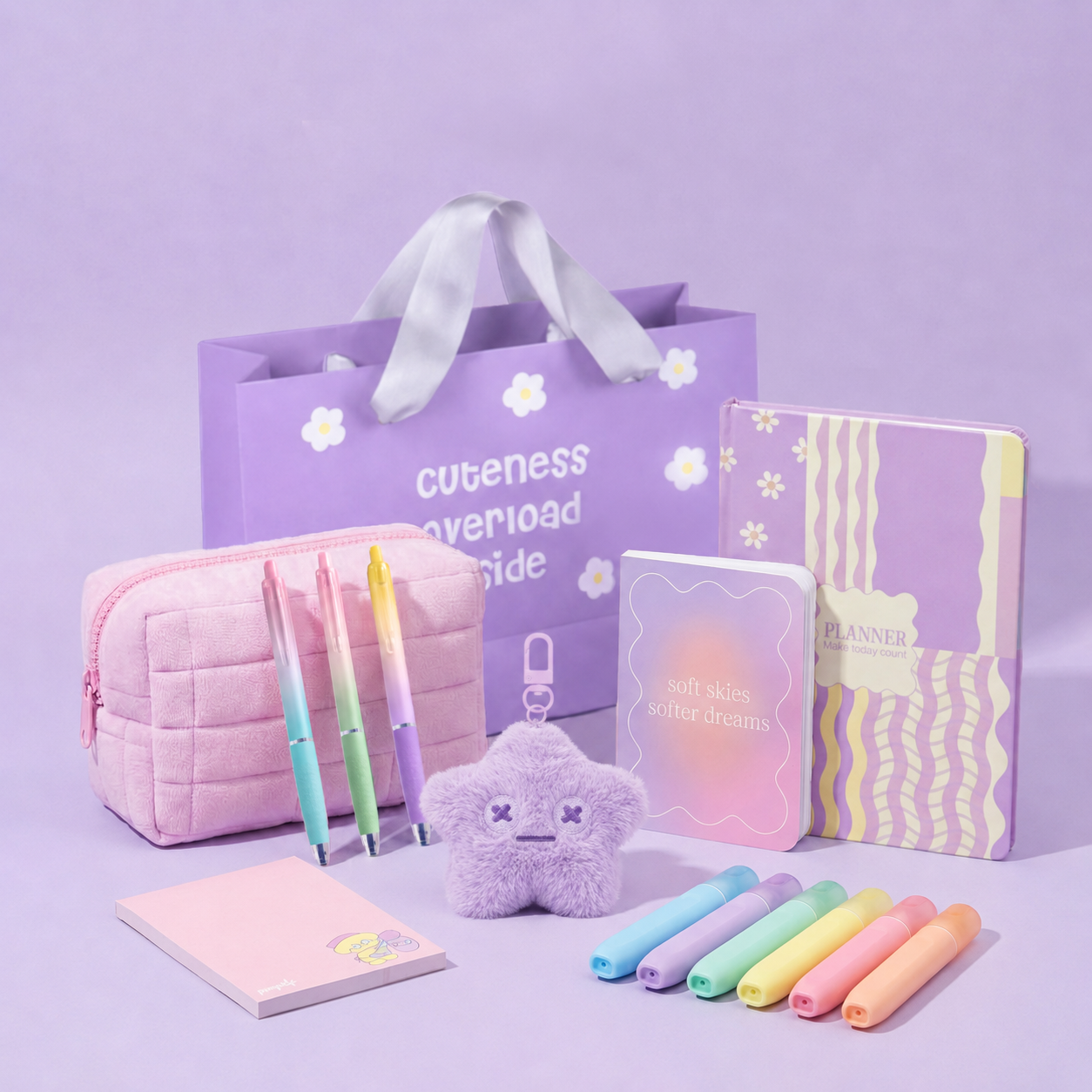 Dreamy Days Gift Set: Undated Yearly Planner "Make Today Count", Cloud Carry Pouch, Pocket Notebook & Notepad, Keychain, Pastel Highlighters, Pastel Gel Pens, Gift Bag