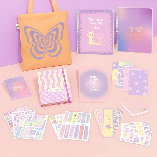 Aesthetic Girl Bundle: A4 Spiral Notebook, Undated Yearly Planner, Tote Bag, Multi-purpose A5 notebook, Sticker Book, Pocket Notebook & Notepad, Bookmarks, Polaroid Cards & Postcards,