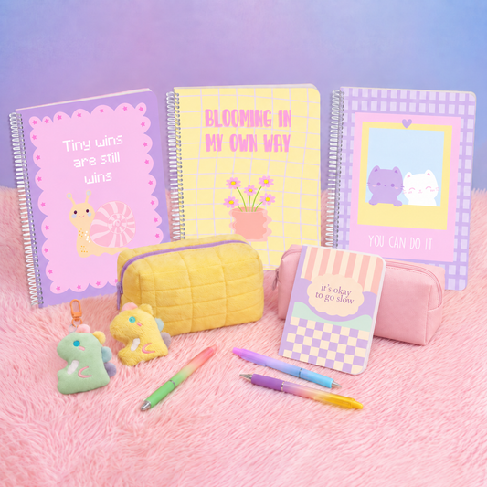 Happy Hues Bundle: A4 Spiral Notebooks, Cloud Carry Pouch, Pastel Pencil Pouch, Pastel Highlighters, Keychains, Pastel Gel Pens