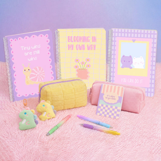 Happy Hues Bundle: A4 Spiral Notebooks, Cloud Carry Pouch, Pastel Pencil Pouch, Pastel Highlighters, Keychains, Pastel Gel Pens