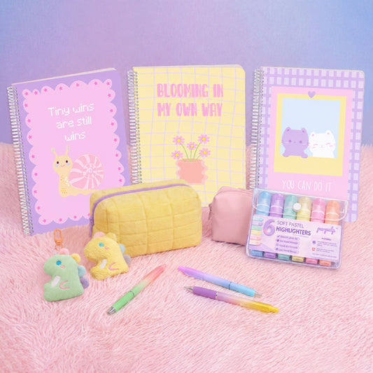 Happy Hues Bundle: A4 Spiral Notebooks, Cloud Carry Pouch, Pastel Pencil Pouch, Pastel Highlighters, Keychains, Pastel Gel Pens
