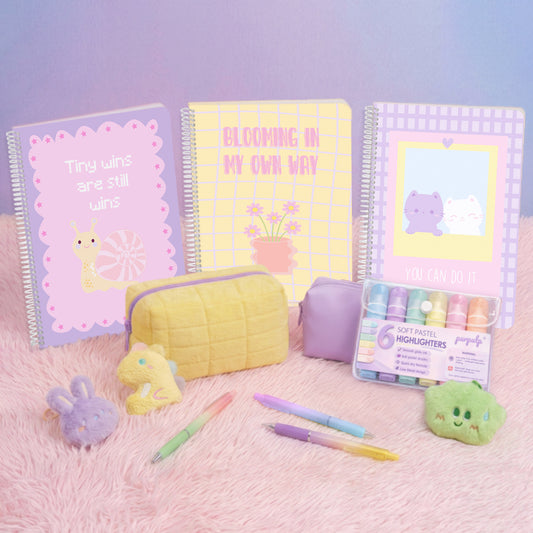 Happy Hues Bundle: A4 Spiral Notebooks, Cloud Carry Pouch, Pastel Pencil Pouch, Pastel Highlighters, Keychains, Pastel Gel Pens
