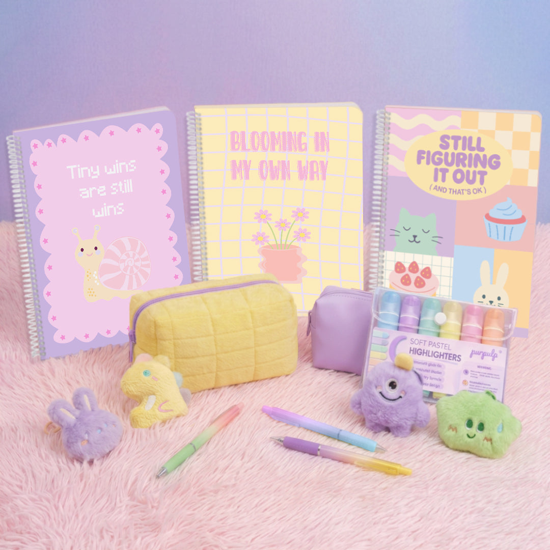 Happy Hues Bundle: A4 Spiral Notebooks, Cloud Carry Pouch, Pastel Pencil Pouch, Pastel Highlighters, Keychains, Pastel Gel Pens