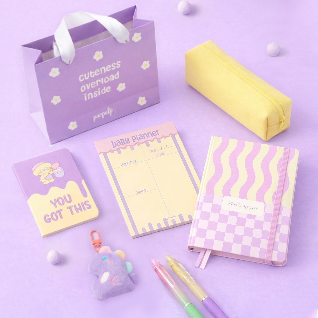 THAT Girl Starter Pack: Undated Yearly Planner "This is my year", Pastel Pencil Pouch, A5 Daily Planner, Pocket Notebook, Keychain, Pastel Gel Pens, Gift Bag