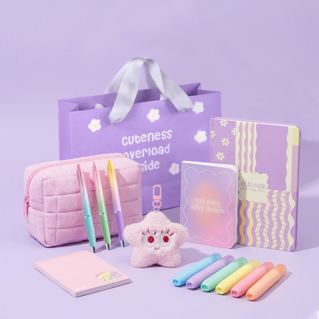 Dreamy Days Gift Set: Undated Yearly Planner "Make Today Count", Cloud Carry Pouch, Pocket Notebook & Notepad, Keychain, Pastel Highlighters, Pastel Gel Pens, Gift Bag