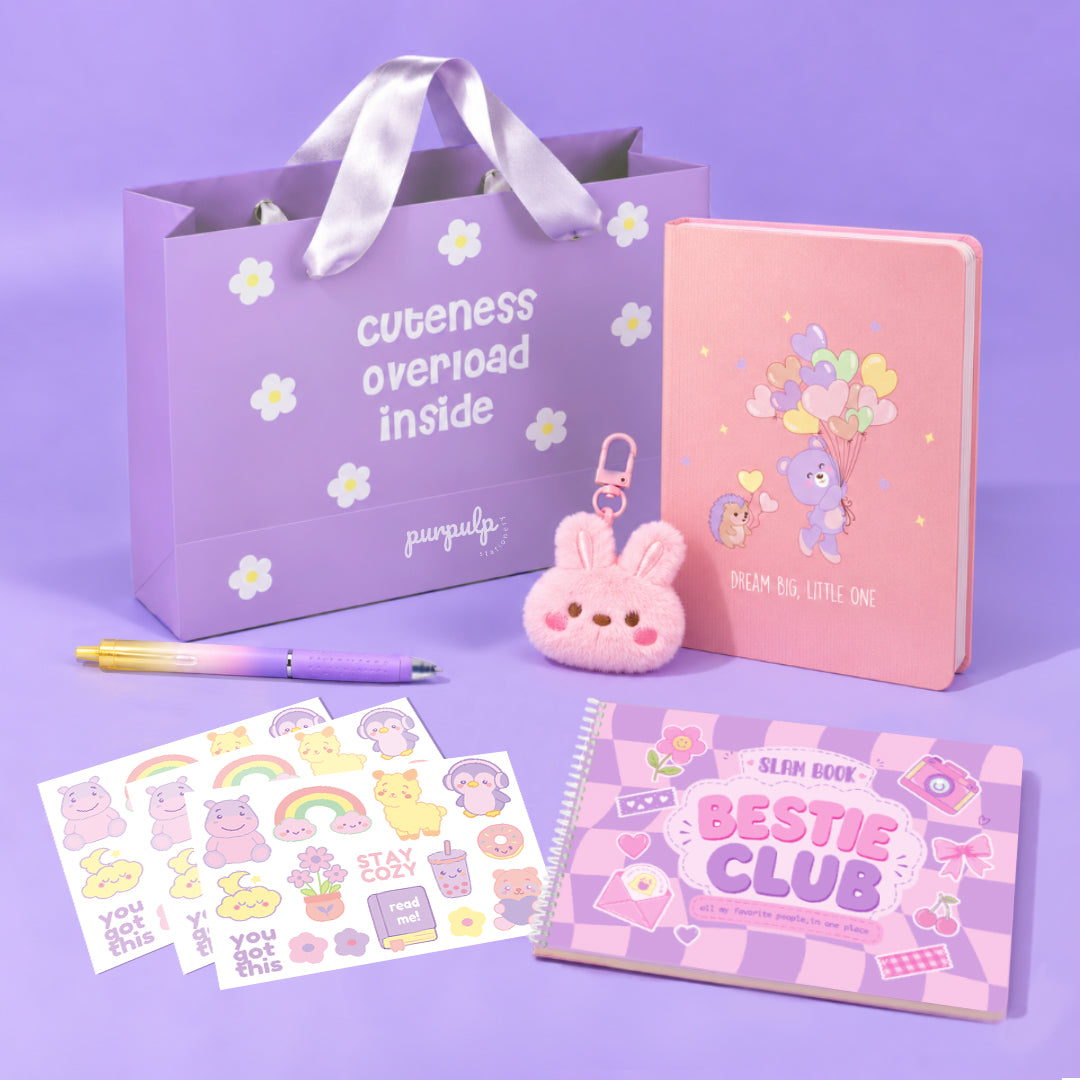 Girlie Pop Bundle: Undated Yearly Planner "Dream big, little one", Bestie Club Slam Book, Keychain, Pastel Gel Pen, Gift Bag