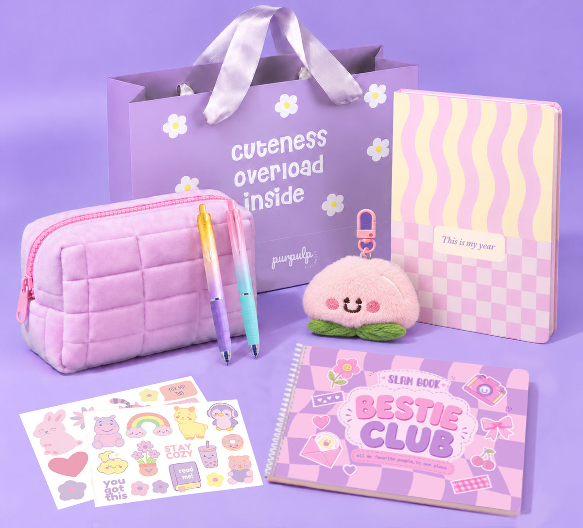 The Glow-Up Bundle: Undated Yearly Planner "This is my year", Bestie Club Slam Book, Cloud Carry Pouch, Keychain, Pastel Gel Pens, Gift Bag