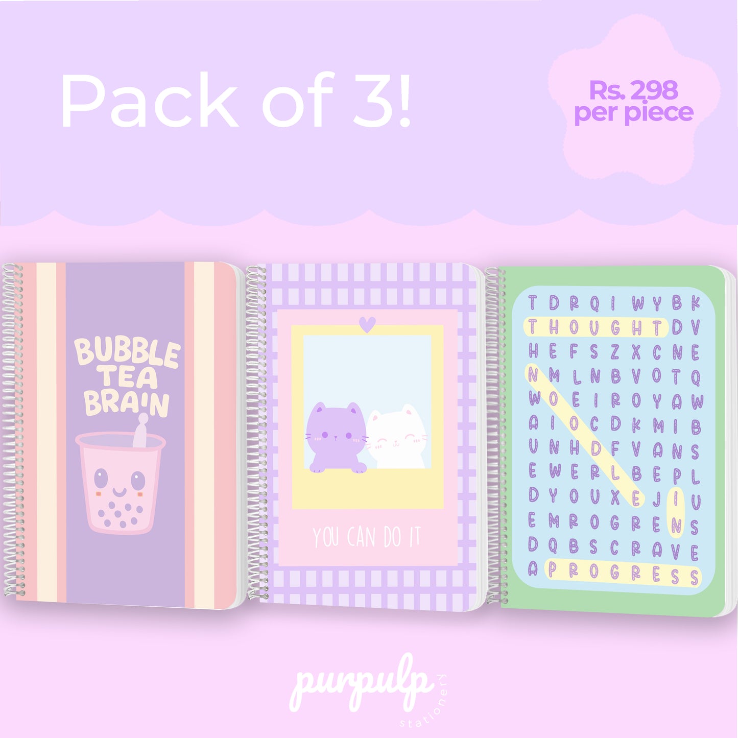 A4 spiral notebooks Bundle "Bubble Tea Brain", "You can do it" & "Thought Noodle in Progress" – 160 Pages, 80 GSM Paper, Softcover (Student Study Notebook)