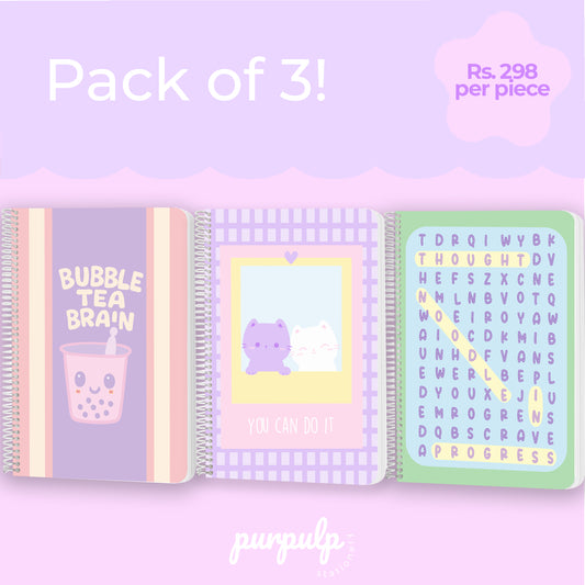 A4 spiral notebooks Bundle "Bubble Tea Brain", "You can do it" & "Thought Noodle in Progress" – 160 Pages, 80 GSM Paper, Softcover (Student Study Notebook)
