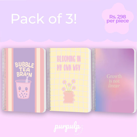 A4 spiral notebooks Bundle - "Bubble Tea Brain", "Blooming In My Own way" & "Growth is not Linear"