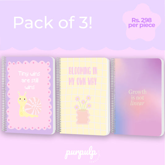 A4 spiral notebooks Bundle - "Tiny Wins", "Blooming In My Own way" & "Growth is not Linear"