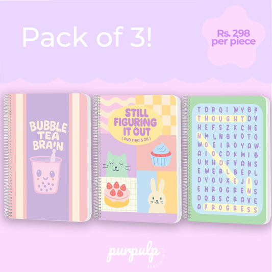 A4 spiral notebooks Bundle - "Bubble Tea Train", "Still Figuring it Out" & "Noodle Thought in Progress"