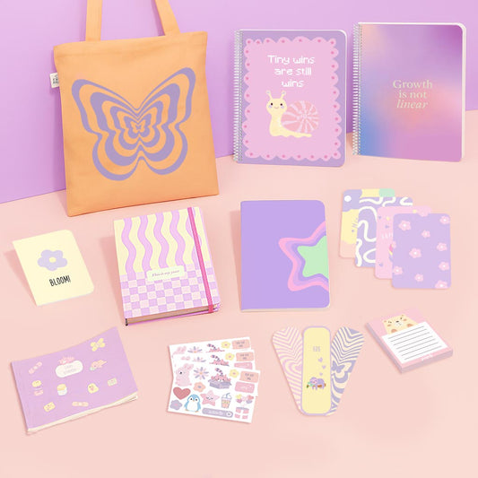 Aesthetic Girl Bundle: A4 Spiral Notebook, Undated Yearly Planner, Tote Bag, Multi-purpose A5 notebook, Sticker Book, Pocket Notebook & Notepad, Bookmarks, Polaroid Cards & Postcards,