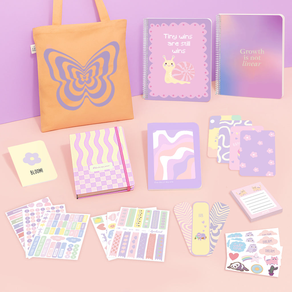 Aesthetic Girl Bundle: A4 Spiral Notebook, Undated Yearly Planner, Tote Bag, Multi-purpose A5 notebook, Sticker Book, Pocket Notebook & Notepad, Bookmarks, Polaroid Cards & Postcards,
