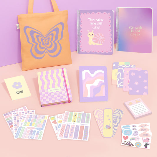 Aesthetic Girl Bundle: A4 Spiral Notebook, Undated Yearly Planner, Tote Bag, Multi-purpose A5 notebook, Sticker Book, Pocket Notebook & Notepad, Bookmarks, Polaroid Cards & Postcards,