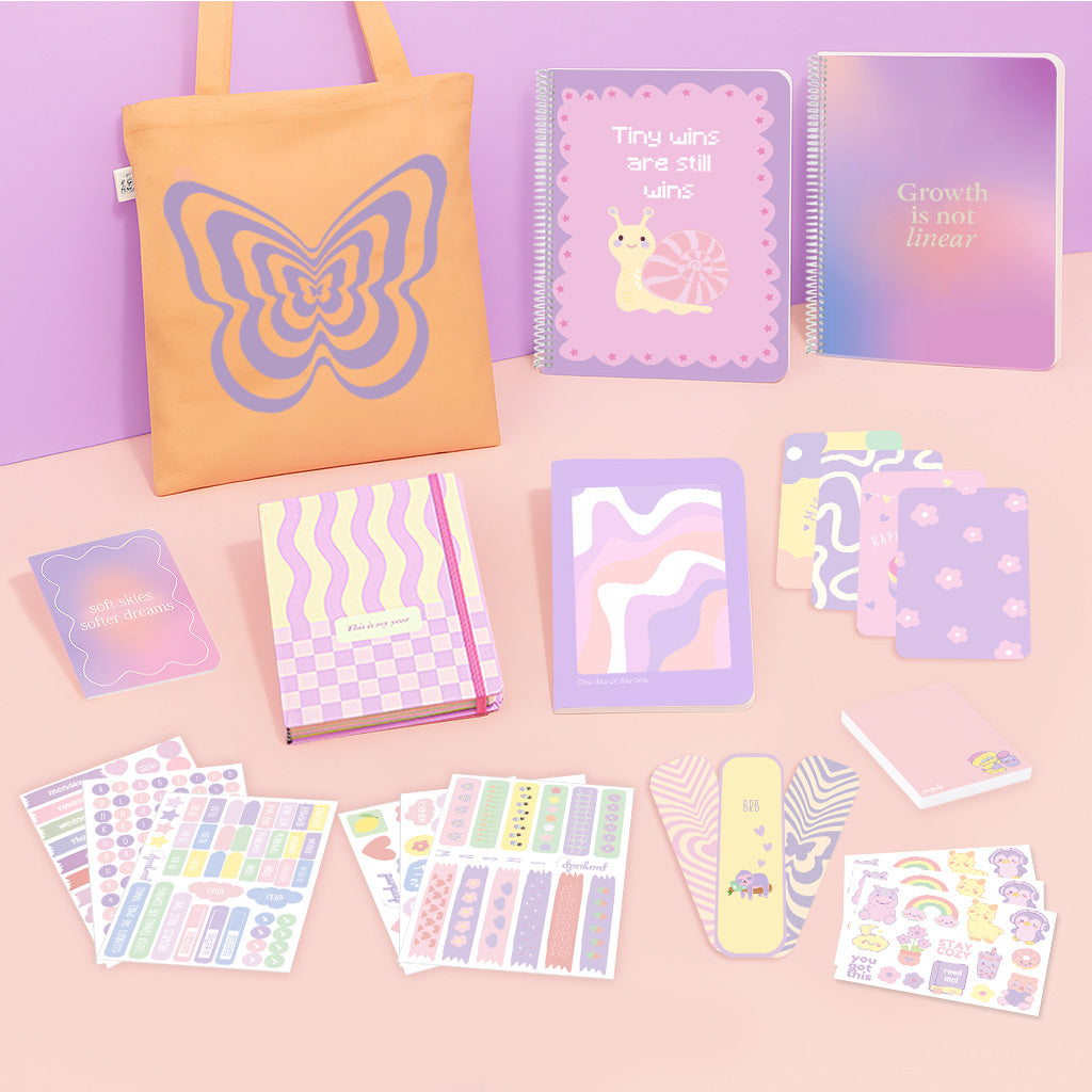 Aesthetic Girl Bundle: A4 Spiral Notebook, Undated Yearly Planner, Tote Bag, Multi-purpose A5 notebook, Sticker Book, Pocket Notebook & Notepad, Bookmarks, Polaroid Cards & Postcards,