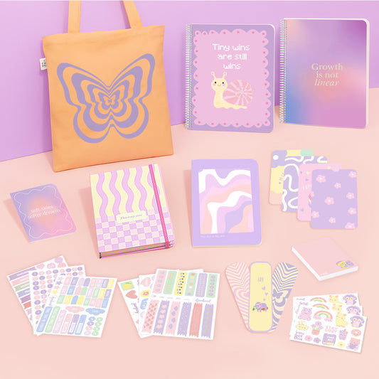 Aesthetic Girl Bundle: A4 Spiral Notebook, Undated Yearly Planner, Tote Bag, Multi-purpose A5 notebook, Sticker Book, Pocket Notebook & Notepad, Bookmarks, Polaroid Cards & Postcards,