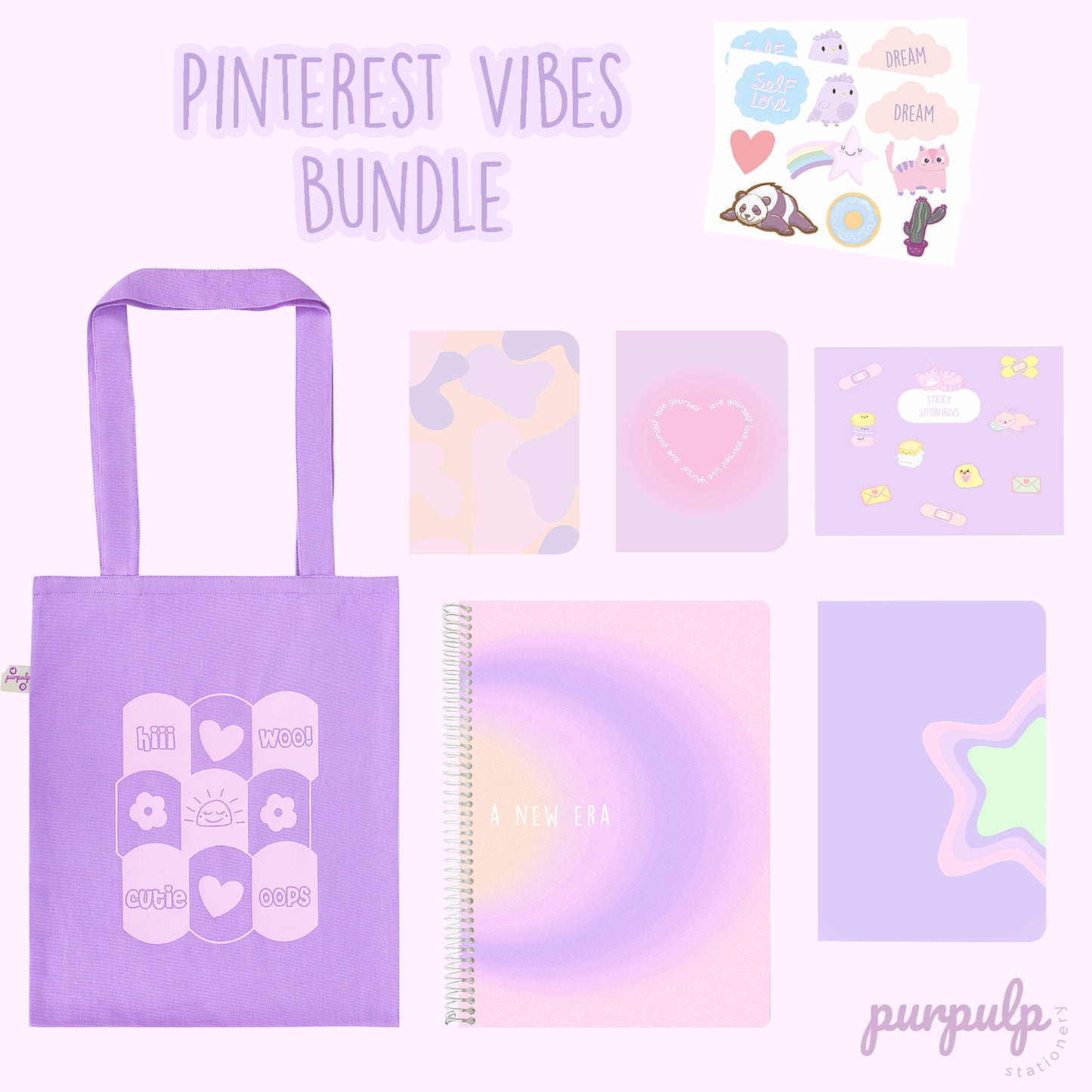 Pinterest Vibes Bundle: A4 Spiral Notebook, Tote Bag, Sticker Book, A5 Notebook, Pocket Notebooks & Sticker Sheets