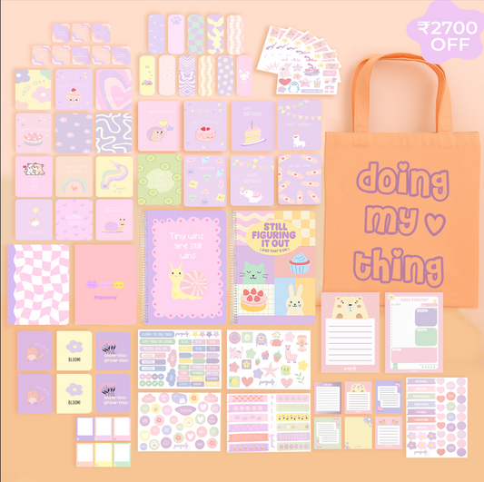 Mega Bundle: A4 Spiral Notebook, Tote Bag, Multi-purpose A5 notebook, A5 Notepad, Sticker Book, Pocket Notebook & Notepad, Bookmarks, Polaroid Cards & Postcards, Affirmation & Greeting Cards, Planner
