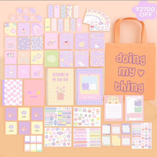 Mega Bundle: A4 Spiral Notebook, Tote Bag, Multi-purpose A5 notebook, A5 Notepad, Sticker Book, Pocket Notebook & Notepad, Bookmarks, Polaroid Cards & Postcards, Affirmation & Greeting Cards, Planner