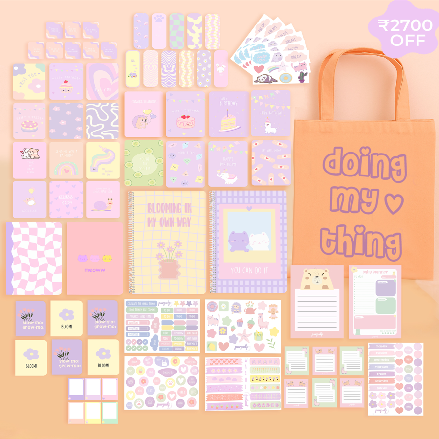 Mega Bundle: A4 Spiral Notebook, Tote Bag, Multi-purpose A5 notebook, A5 Notepad, Sticker Book, Pocket Notebook & Notepad, Bookmarks, Polaroid Cards & Postcards, Affirmation & Greeting Cards, Planner