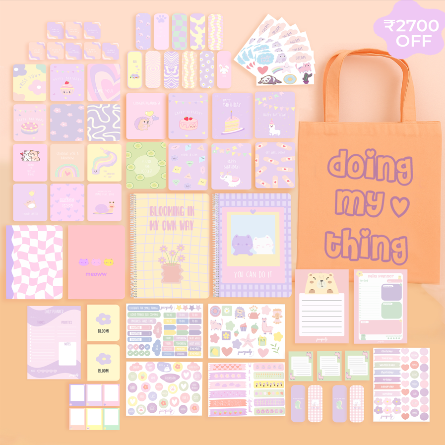 Mega Bundle: A4 Spiral Notebook, Tote Bag, Multi-purpose A5 notebook, A5 Notepad, Sticker Book, Pocket Notebook & Notepad, Bookmarks, Polaroid Cards & Postcards, Affirmation & Greeting Cards, Planner