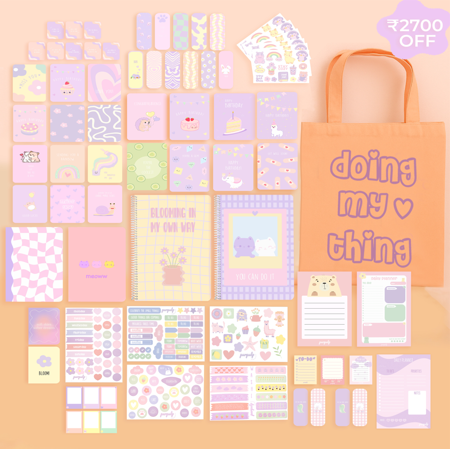 Mega Bundle: A4 Spiral Notebook, Tote Bag, Multi-purpose A5 notebook, A5 Notepad, Sticker Book, Pocket Notebook & Notepad, Bookmarks, Polaroid Cards & Postcards, Affirmation & Greeting Cards, Planner