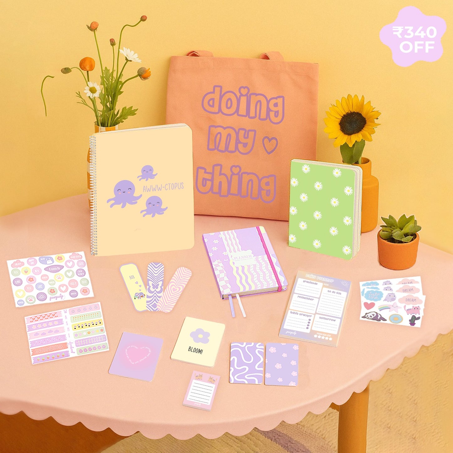 Pawsitivity Gift Set: Tote Bag, A4 Spiral Notebook, Multi-purpose A5 notebook, A5 Notepad, Pocket Notebooks, Pocket Notepad, Sticker Sheets, Bookmarks, Postcards & Yearly Planner