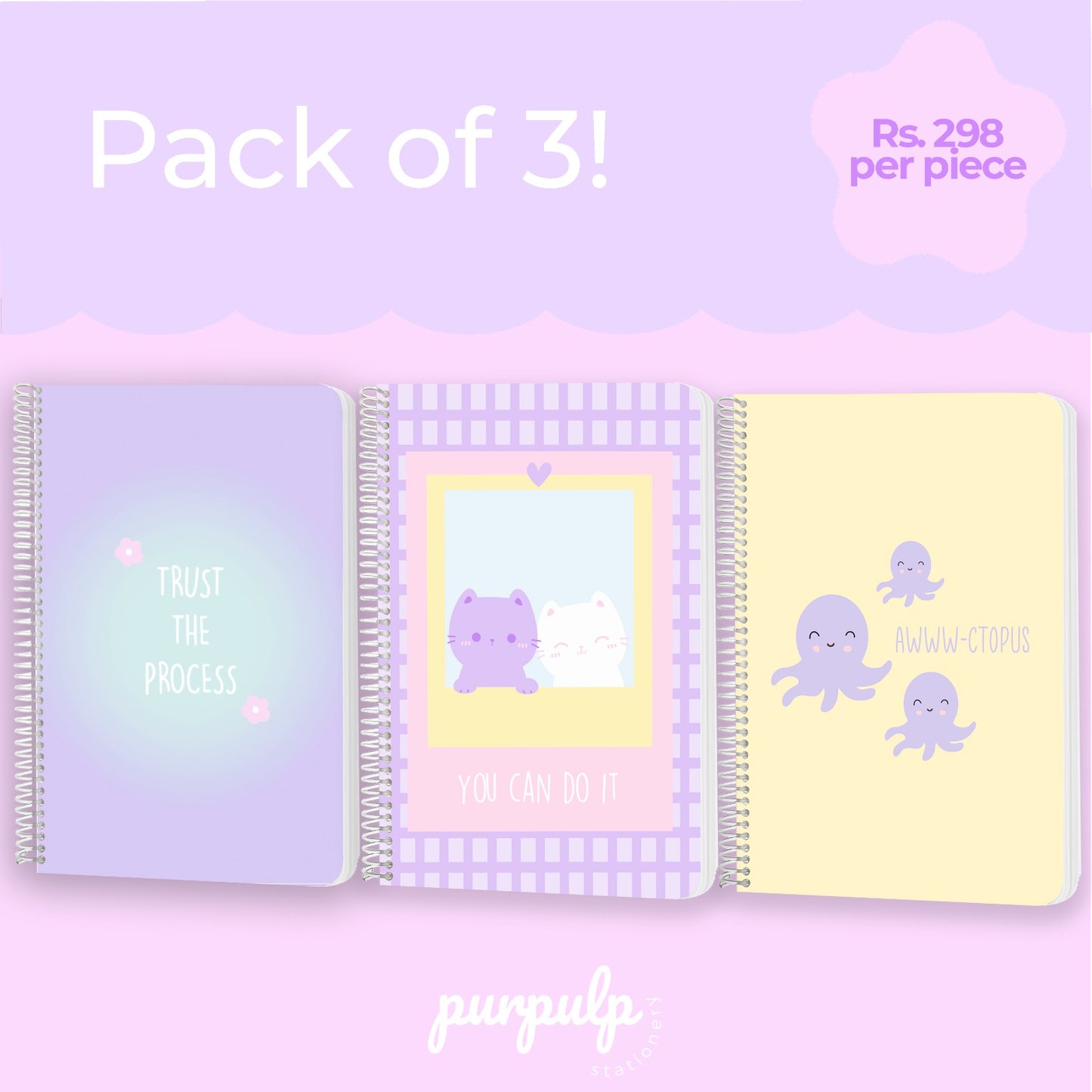 A4 spiral notebooks Bundle "Trust the process", "Awwwctopus" & "You can do it"  – 160 Pages, 80 GSM Paper, Softcover (Student Study Notebook)